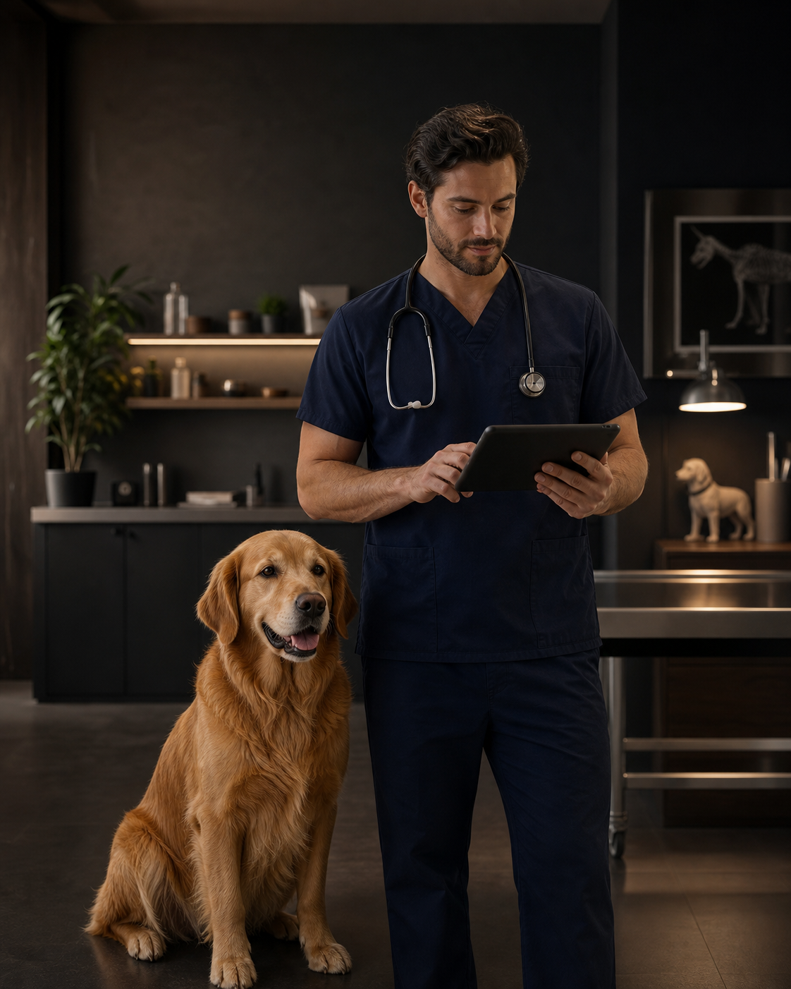 Veterinario con tablet e golden retriever